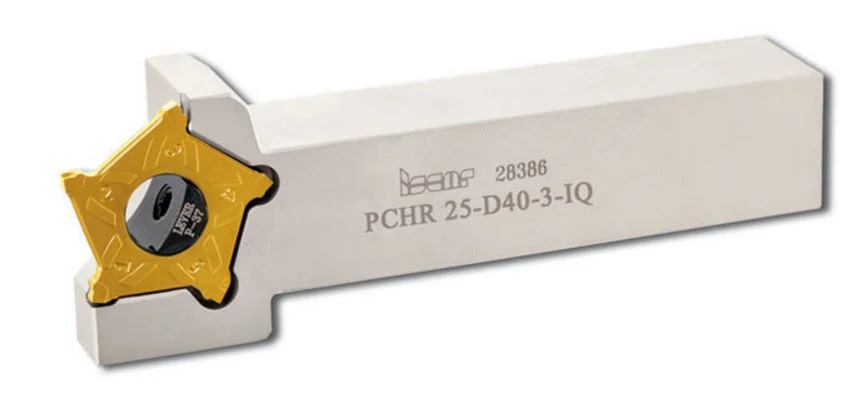 The Iscar pentacut uses a 5 sided insert. The insert is a strong design put into a rigid holder and has a chip forming profile which makes for accurate parts and a great finish.