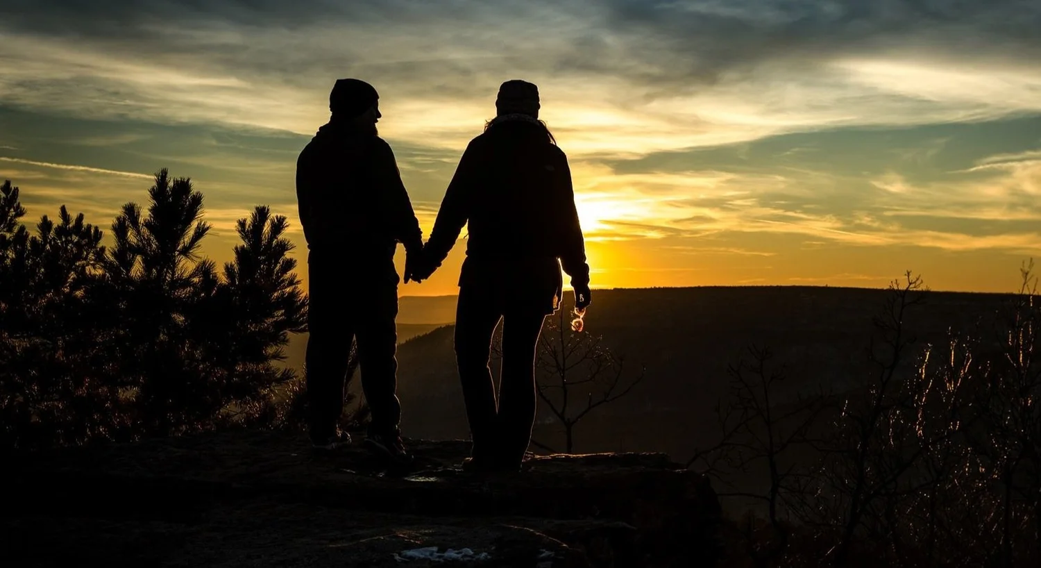Silhouette of a couple holding hands at sunset
