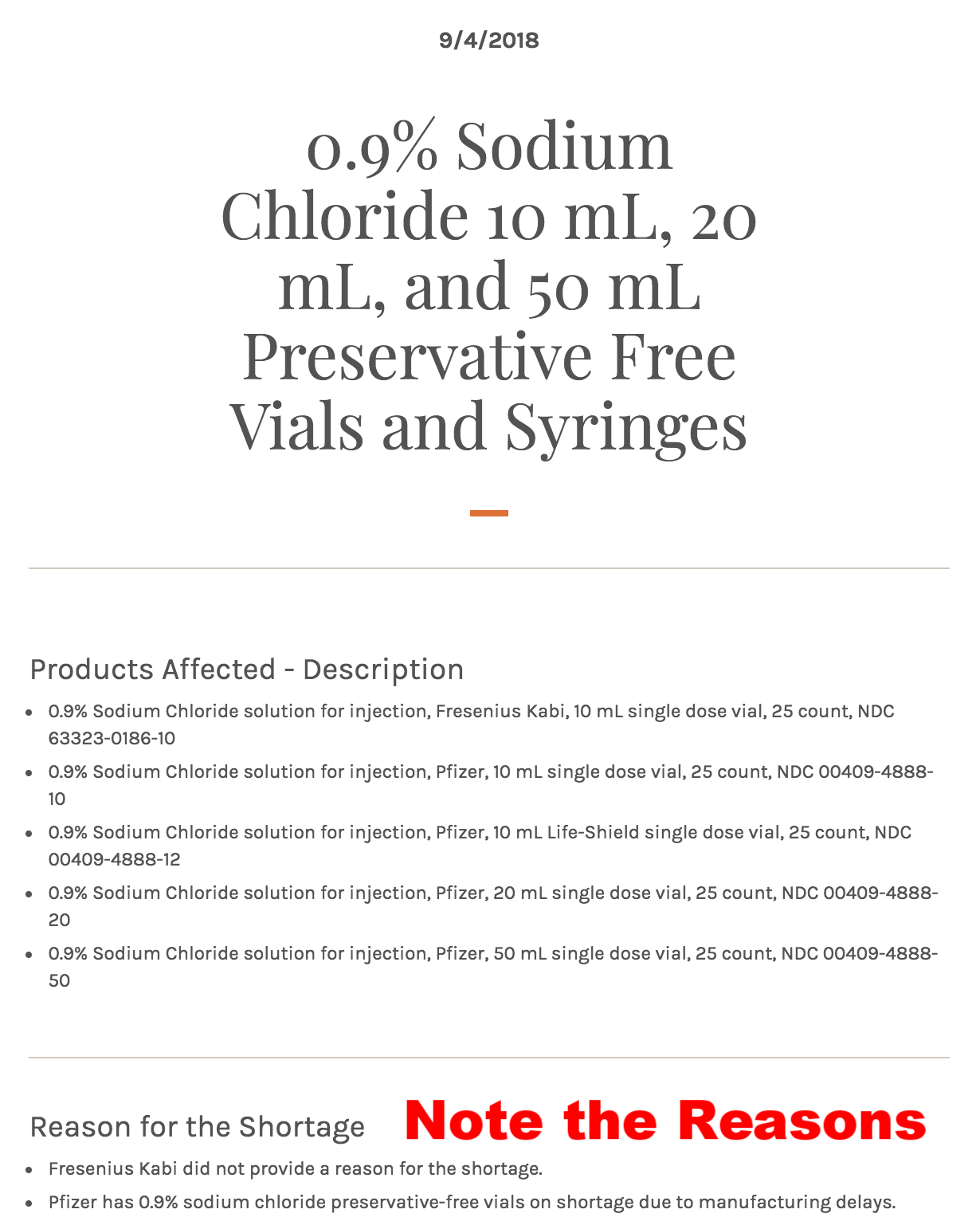 Sample recent drug shortage from ASHP.