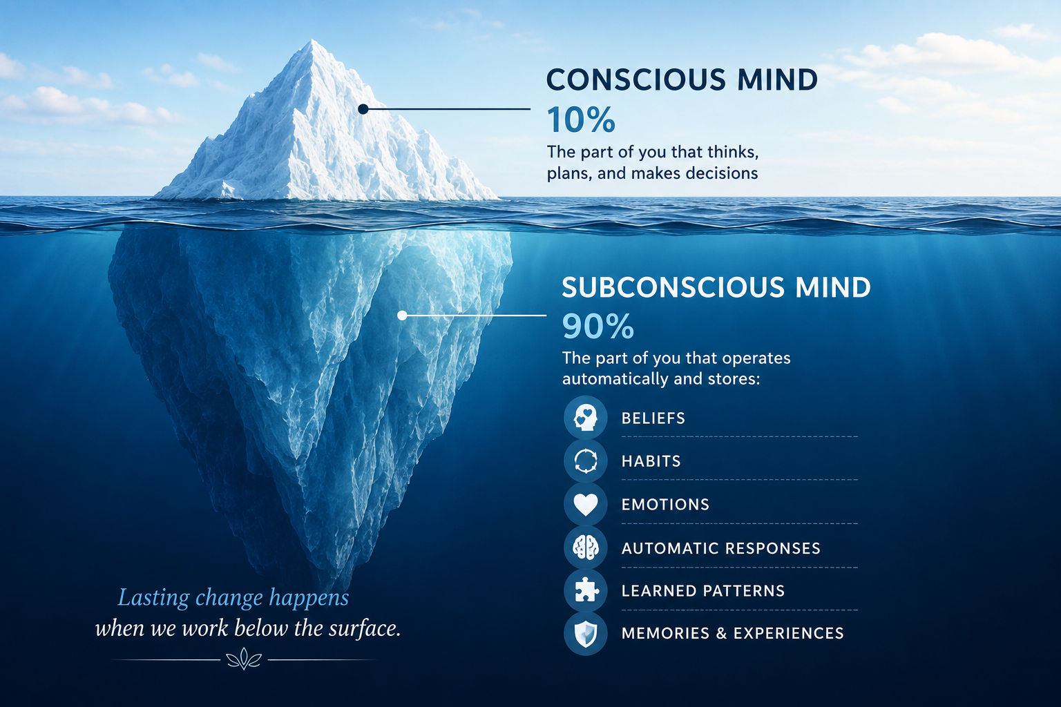 Iceberg illustration showing the conscious mind above the surface and the subconscious mind below the surface, where beliefs, habits, emotions, automatic responses, learned patterns, and memories influence behavior.