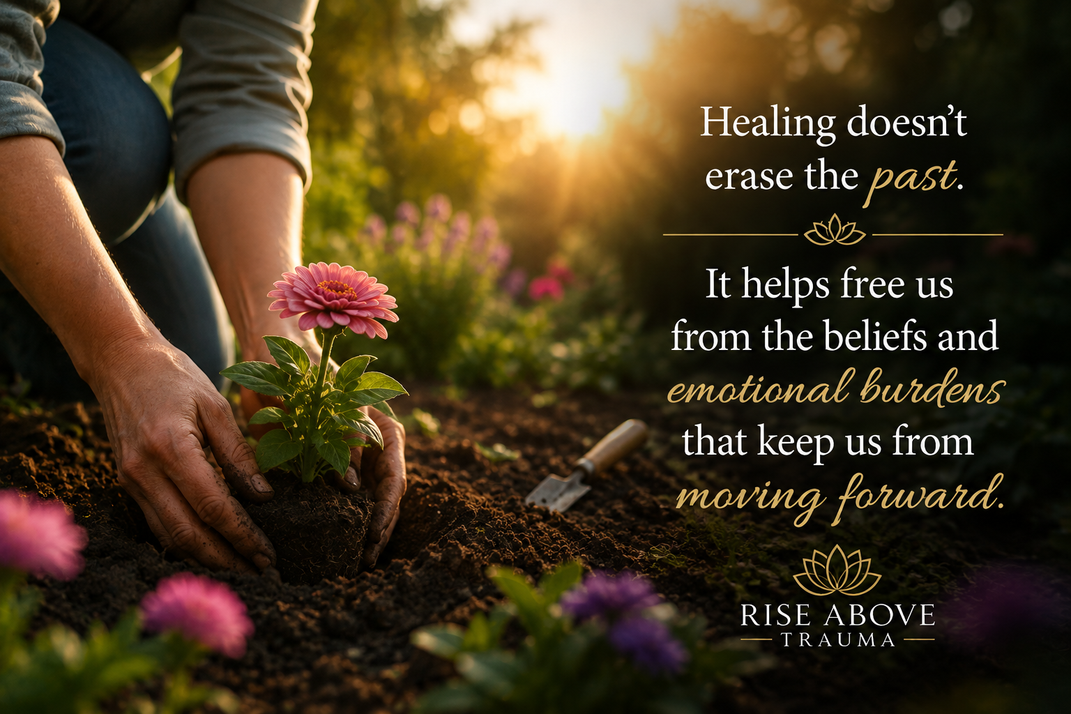 Hands planting a flowering plant in rich soil, symbolizing the growth of new empowering beliefs, emotional healing, and lasting transformation after releasing limiting patterns.
