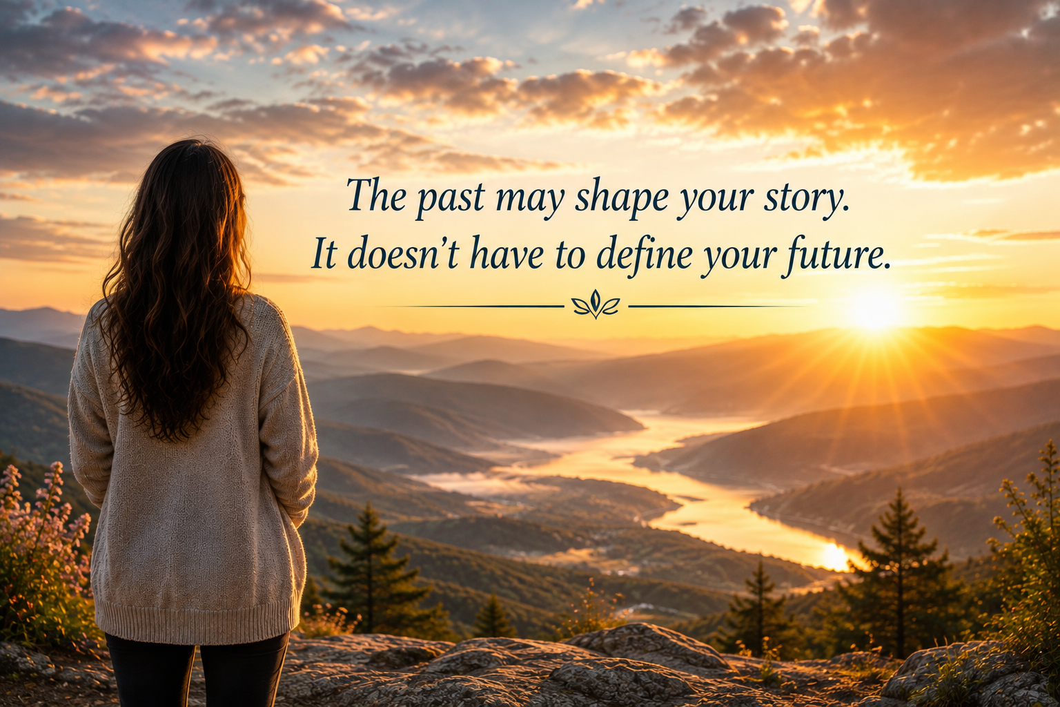 Person overlooking a sunrise from a mountain vista with an inspirational quote about hope and moving beyond the past.