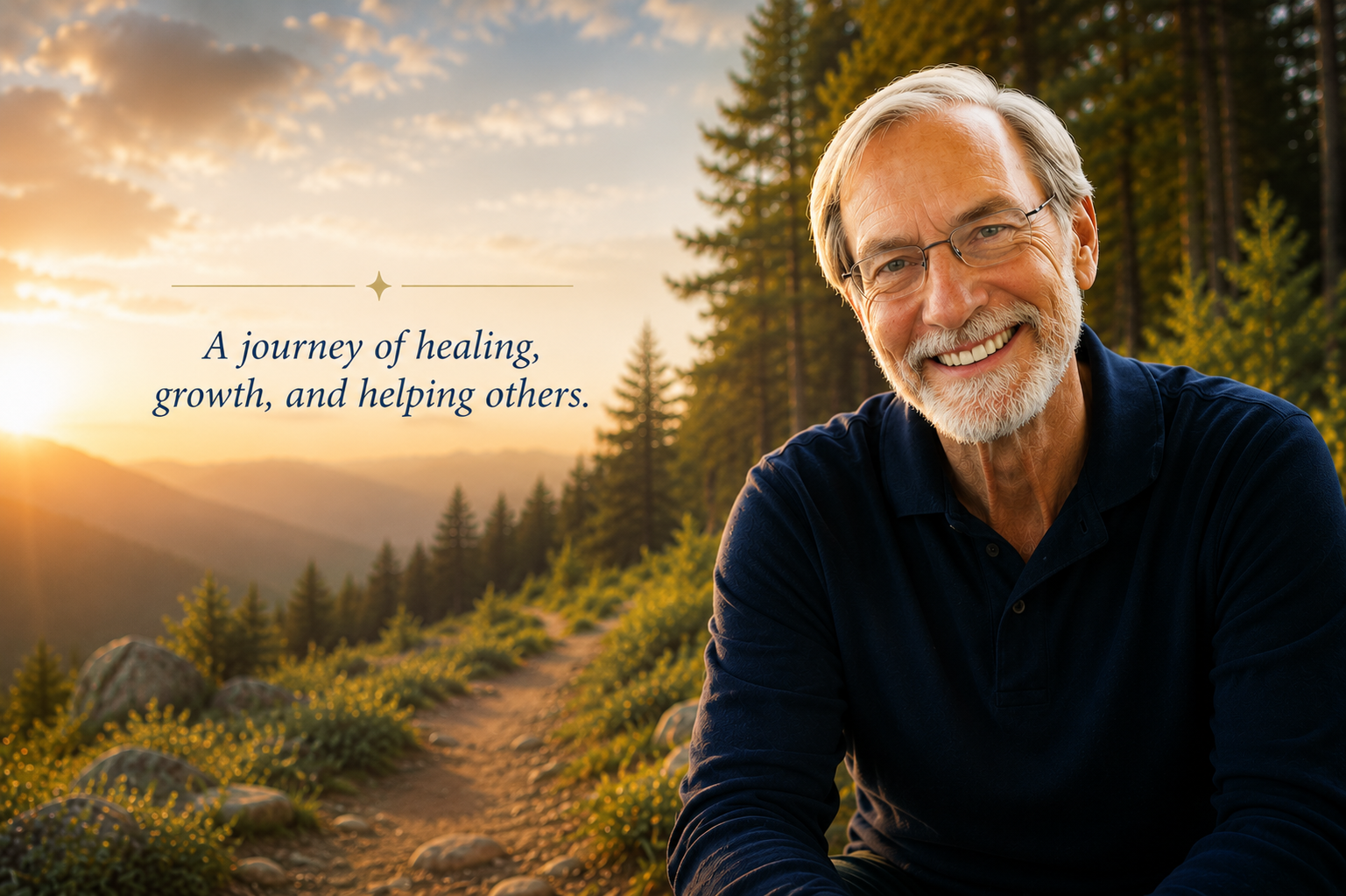 Ron Schlegel outdoors on a forest trail with the message "A journey of healing, growth, and helping others," representing his personal path from healing to helping others transform their lives.