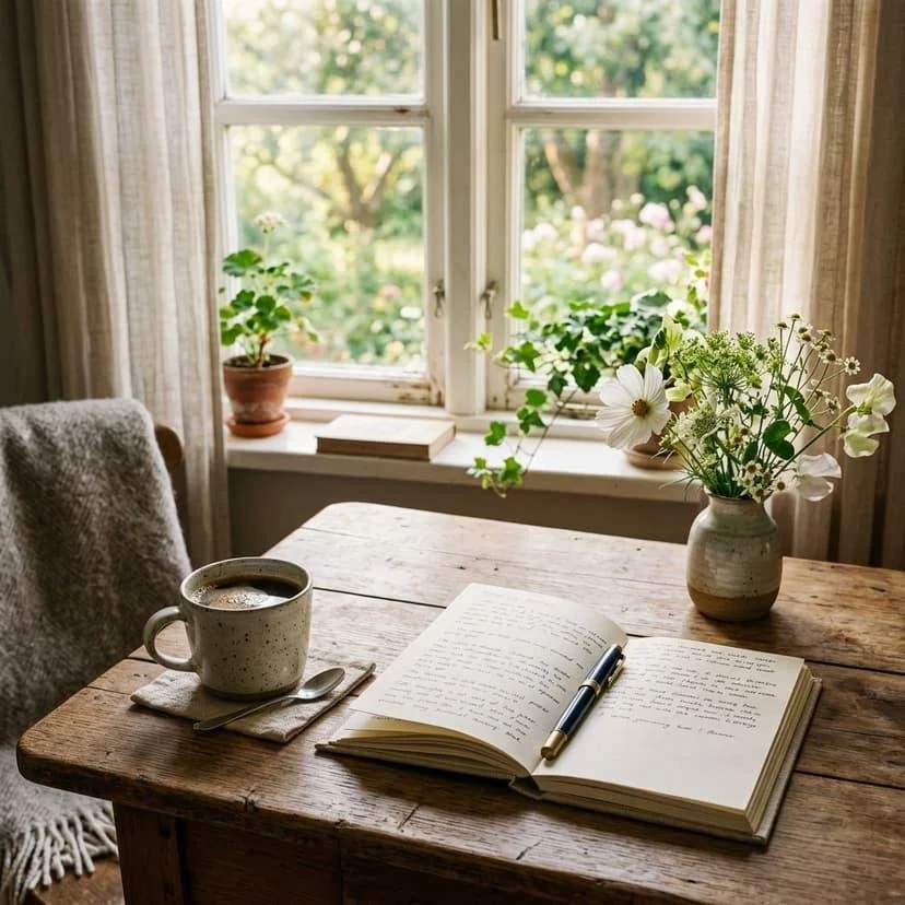 Open journal, coffee mug, and fresh flowers on a wooden table beside a sunlit window, representing reflection, learning, and personal growth.