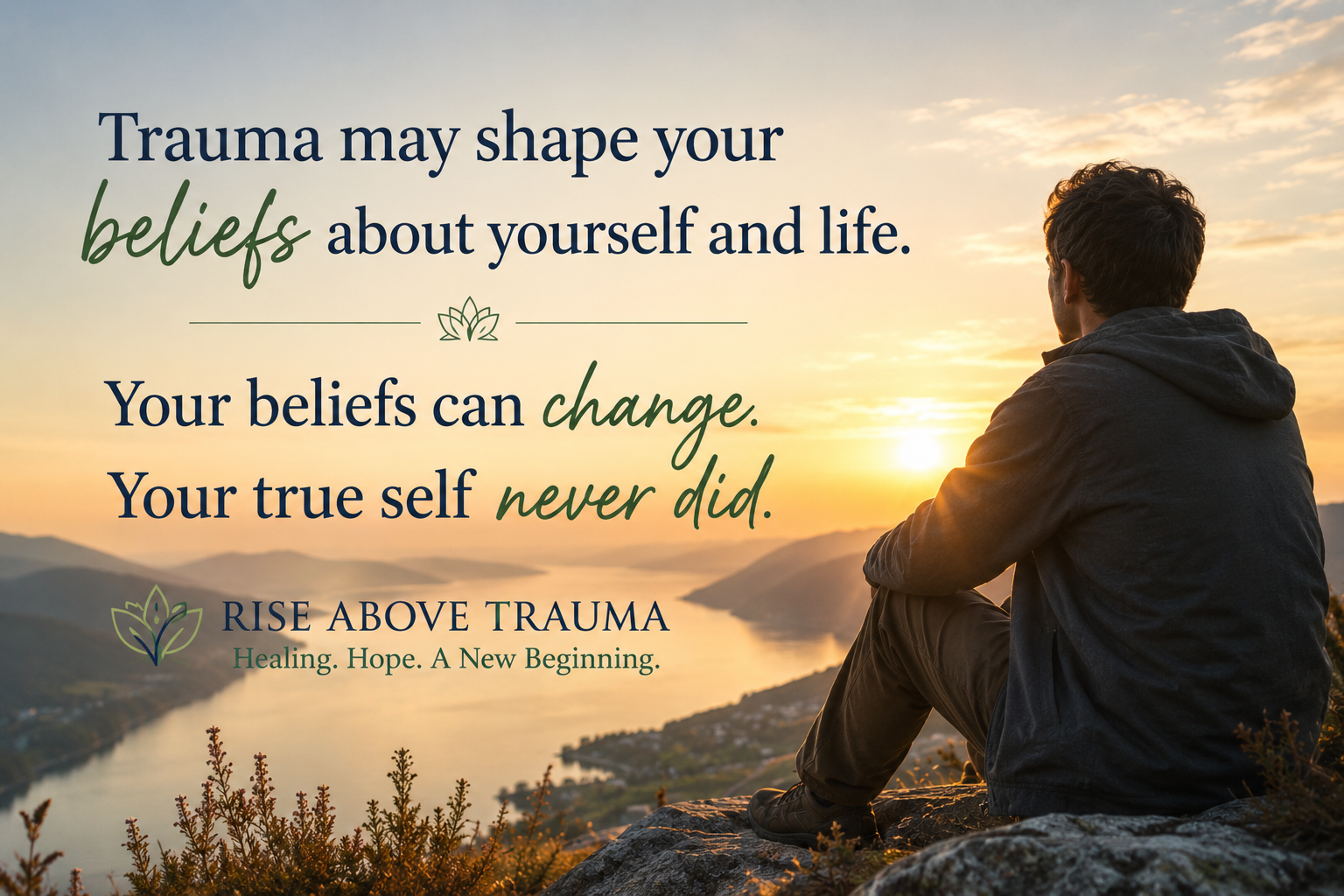 A person sits on a mountaintop at sunrise overlooking a peaceful valley and lake, symbolizing hope and healing after trauma. Inspirational artwork for an article about how trauma can shape subconscious beliefs and self-worth.