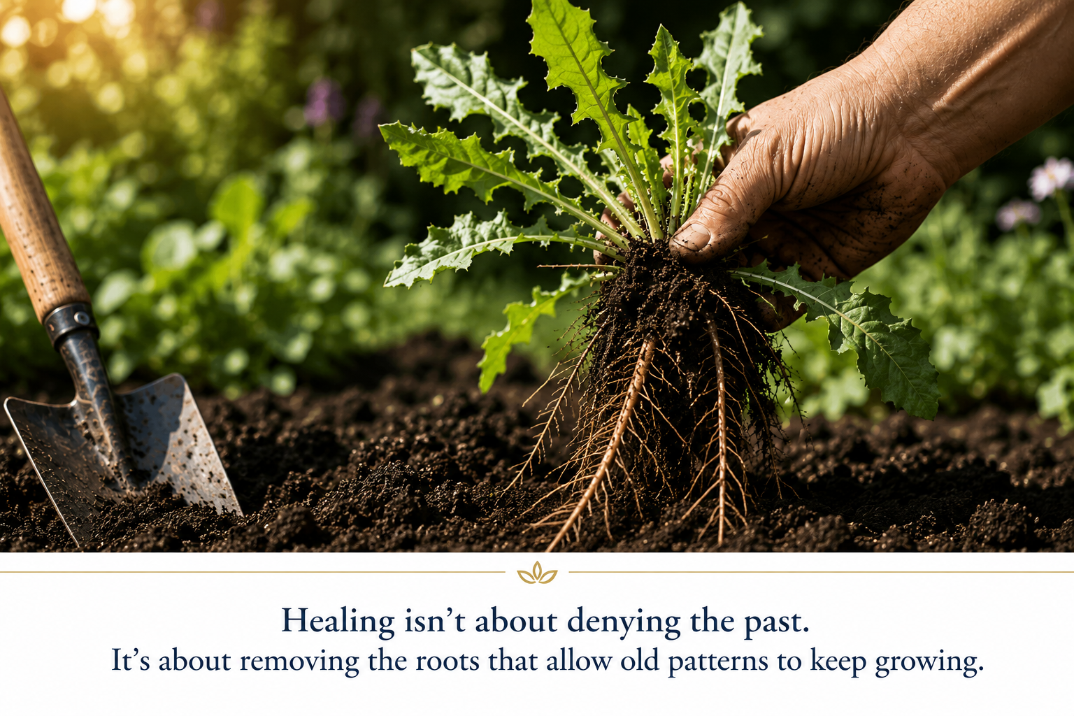 Weed being pulled from a garden, illustrating how lasting healing comes from addressing the root causes of limiting beliefs and emotional patterns rather than only the visible symptoms.