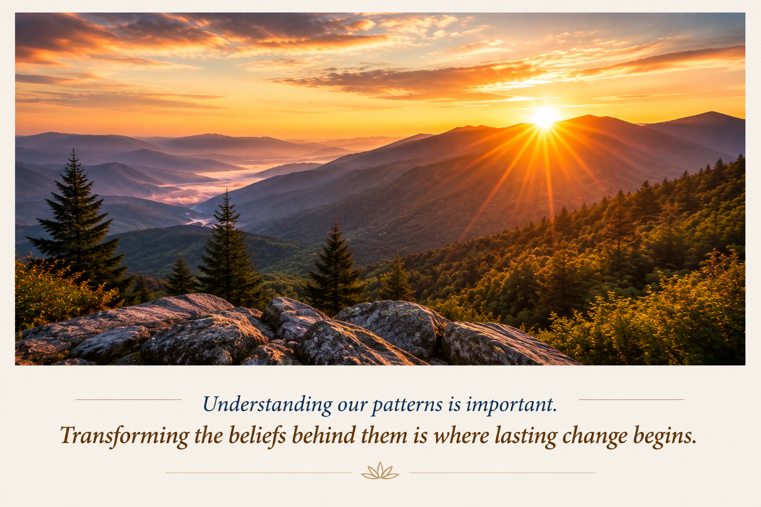 Golden sunrise over peaceful mountains representing hope, self-reflection, and lasting personal transformation.