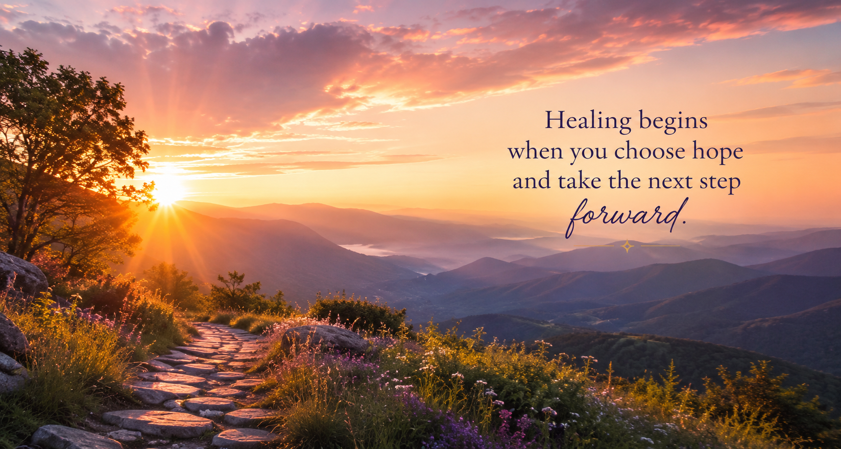 Sunrise over a peaceful mountain landscape symbolizing hope, healing, and personal transformation for people overcoming trauma and limiting subconscious beliefs.