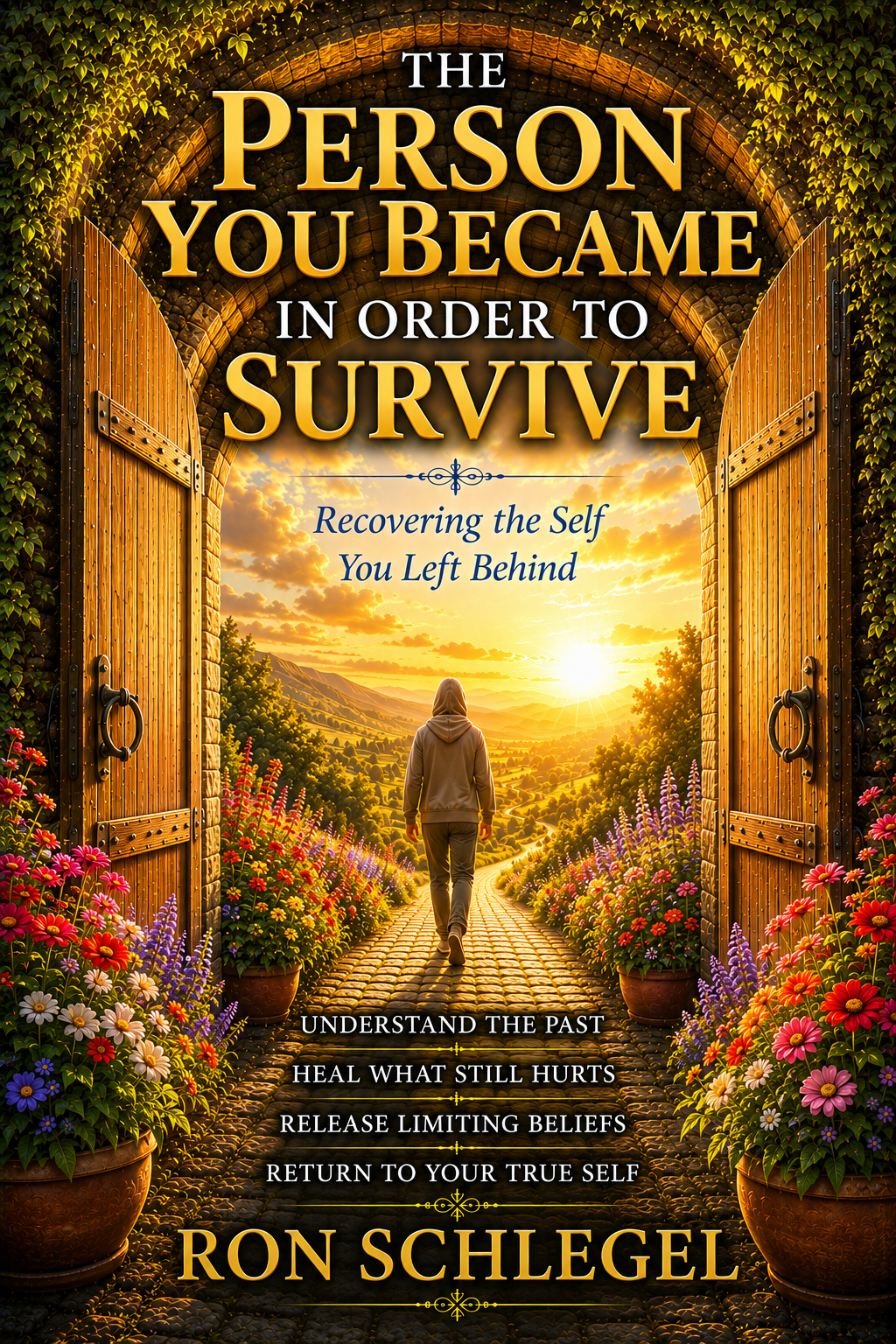 The cover of The Person You Became in Order to Survive by Ron Schlegel, featuring a person walking through an open doorway toward a sunlit mountain valley surrounded by flowers.