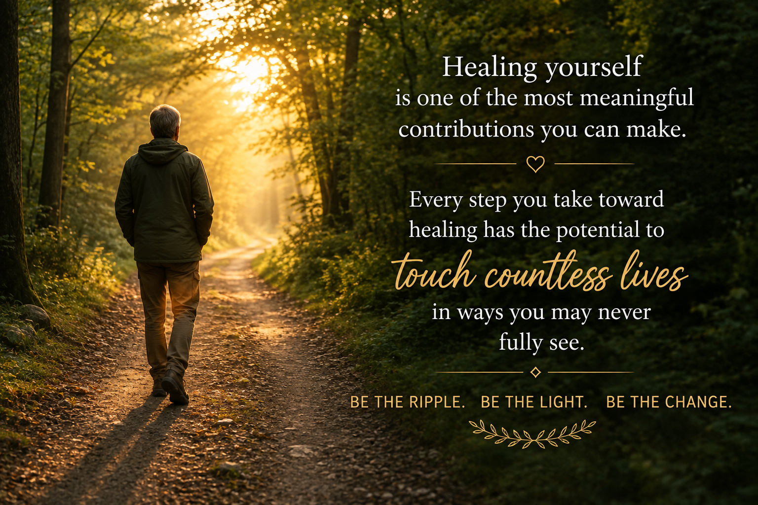 Person walking along a sunlit forest path, symbolizing the lifelong journey of healing, personal growth, and the positive impact of inner transformation.