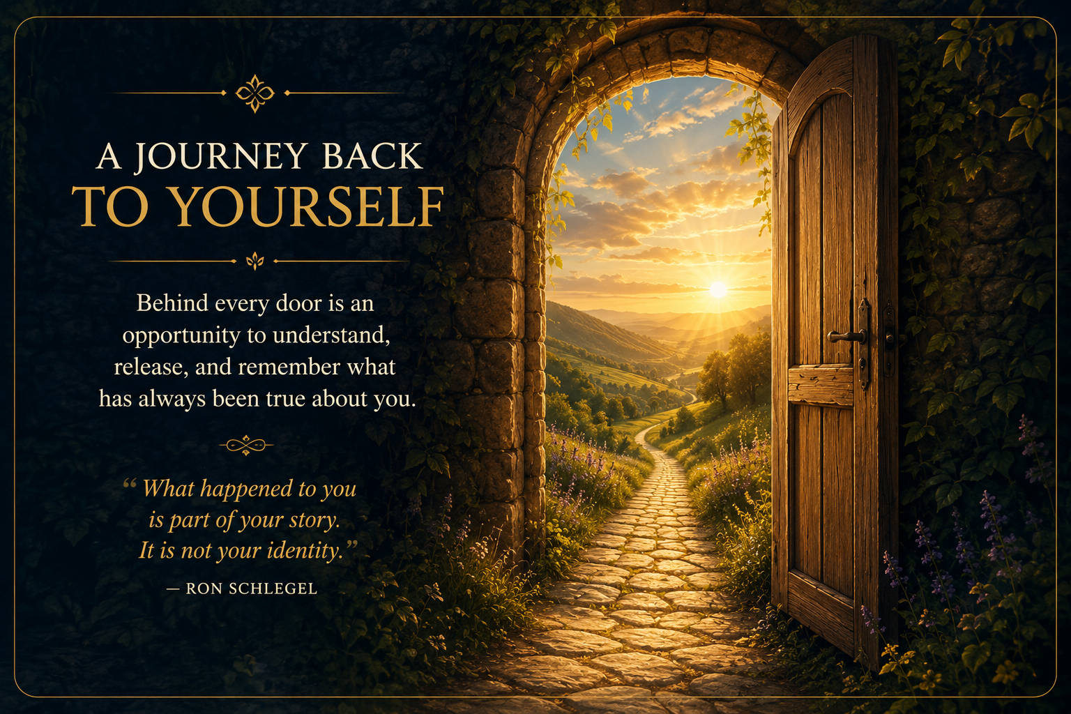 A journey back to yourself through an open stone doorway leading to a sunlit path, symbolizing healing, freedom, and discovering what has always been true about you.