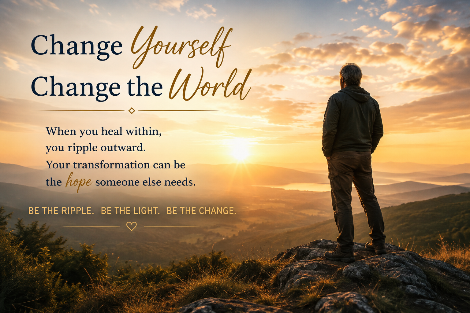 Person standing on a mountain overlook at sunrise, symbolizing personal transformation, hope, and the positive ripple effect of inner healing.