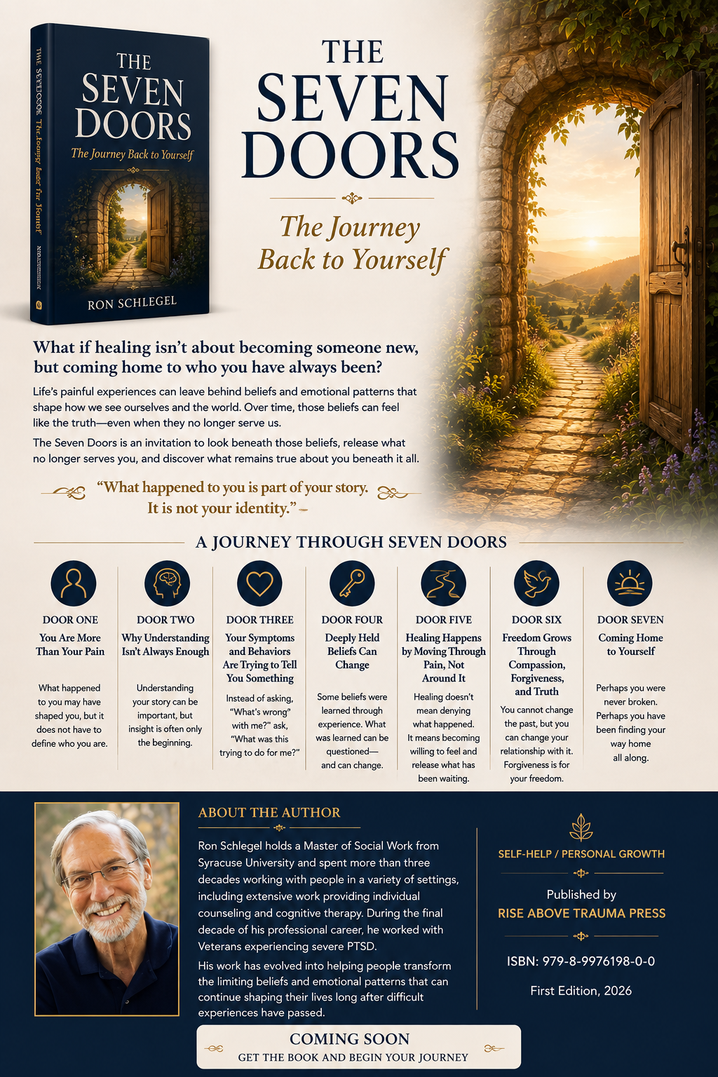 The Seven Doors: The Journey Back to Yourself by Ron Schlegel — book promotional graphic featuring an open doorway leading to a sunlit path, with the author’s photo and book information.