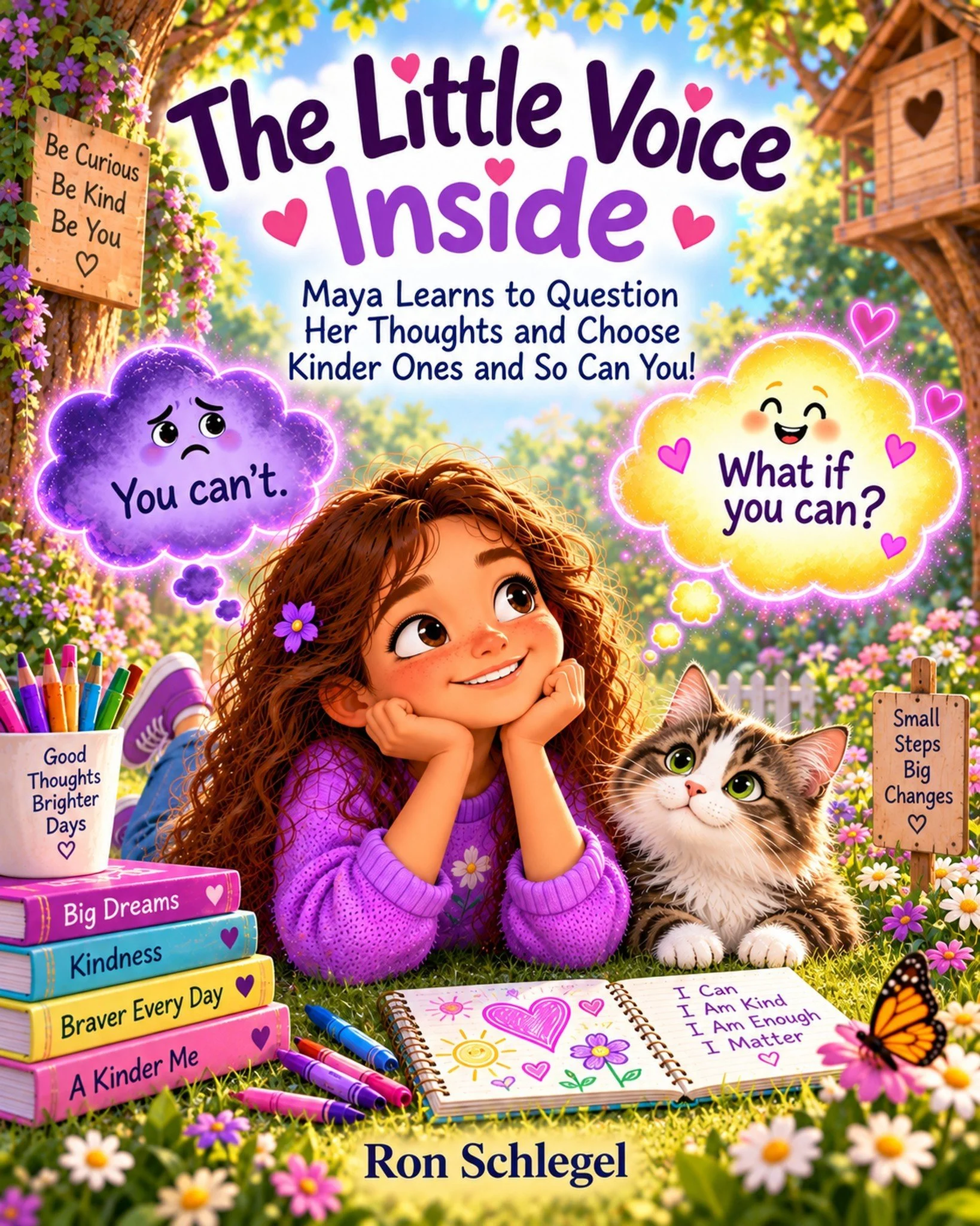 The cover of The Little Voice Inside by Ron Schlegel, featuring Maya smiling beside her cat in a colorful garden, surrounded by encouraging messages about questioning negative thoughts and choosing kinder ones.