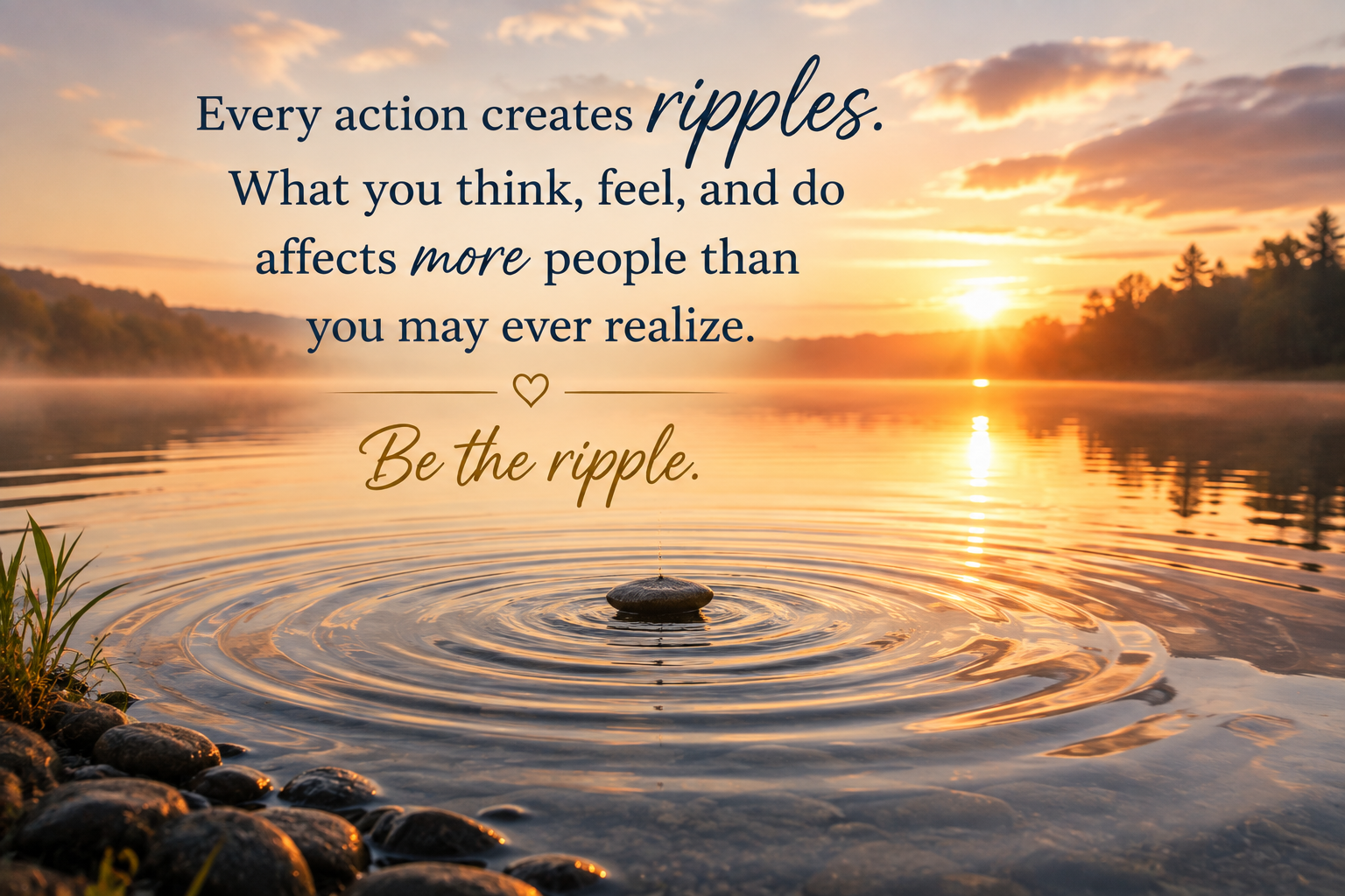 Stone creating ripples on a still lake at sunrise, representing personal transformation, emotional healing, and the positive ripple effect of inner change.
