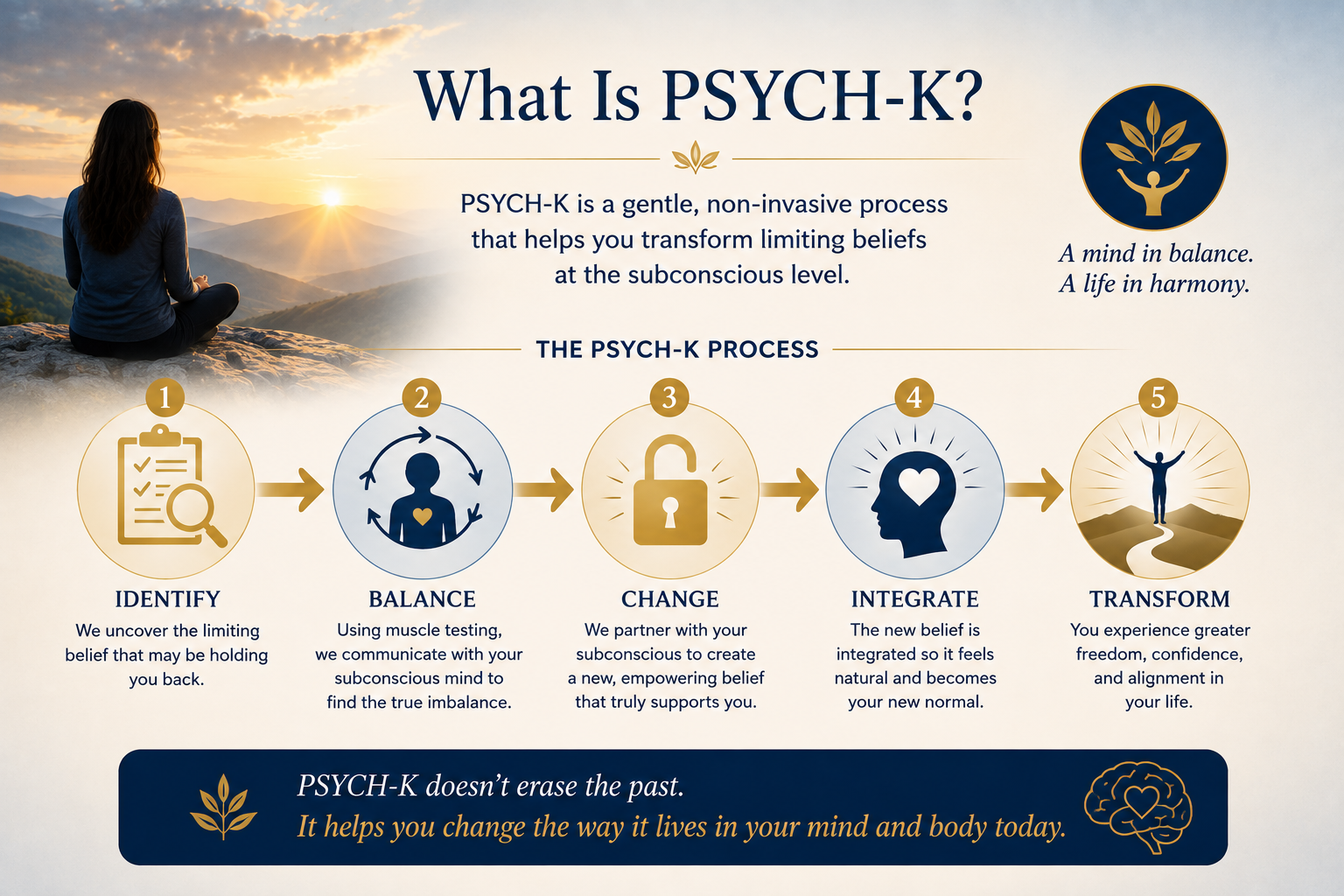Infographic illustrating the PSYCH-K process, showing the steps of identifying limiting beliefs, completing a balance, integrating new supportive beliefs, and moving toward greater personal freedom.