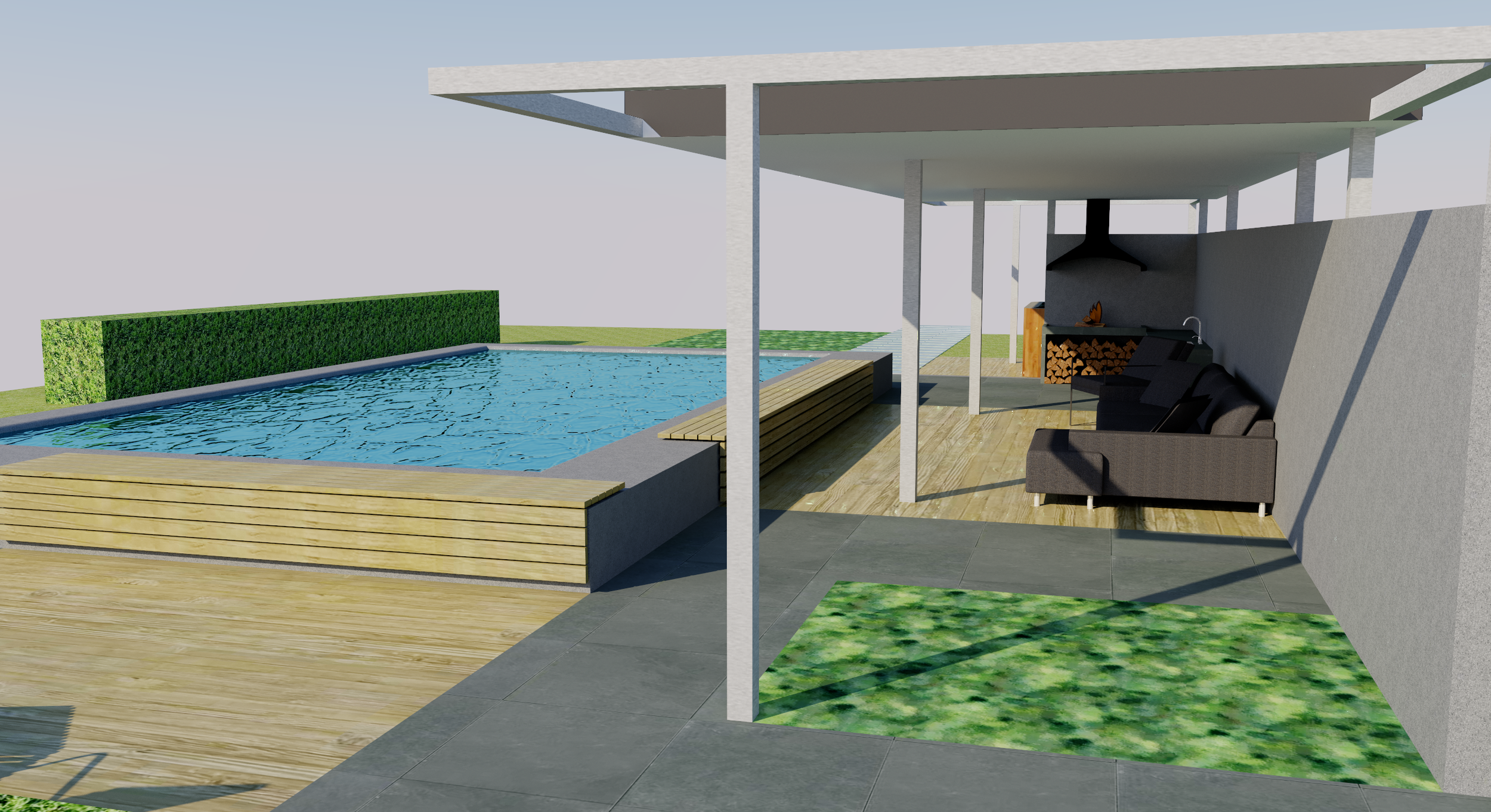 Visualisatie van overkapping naast zwembad