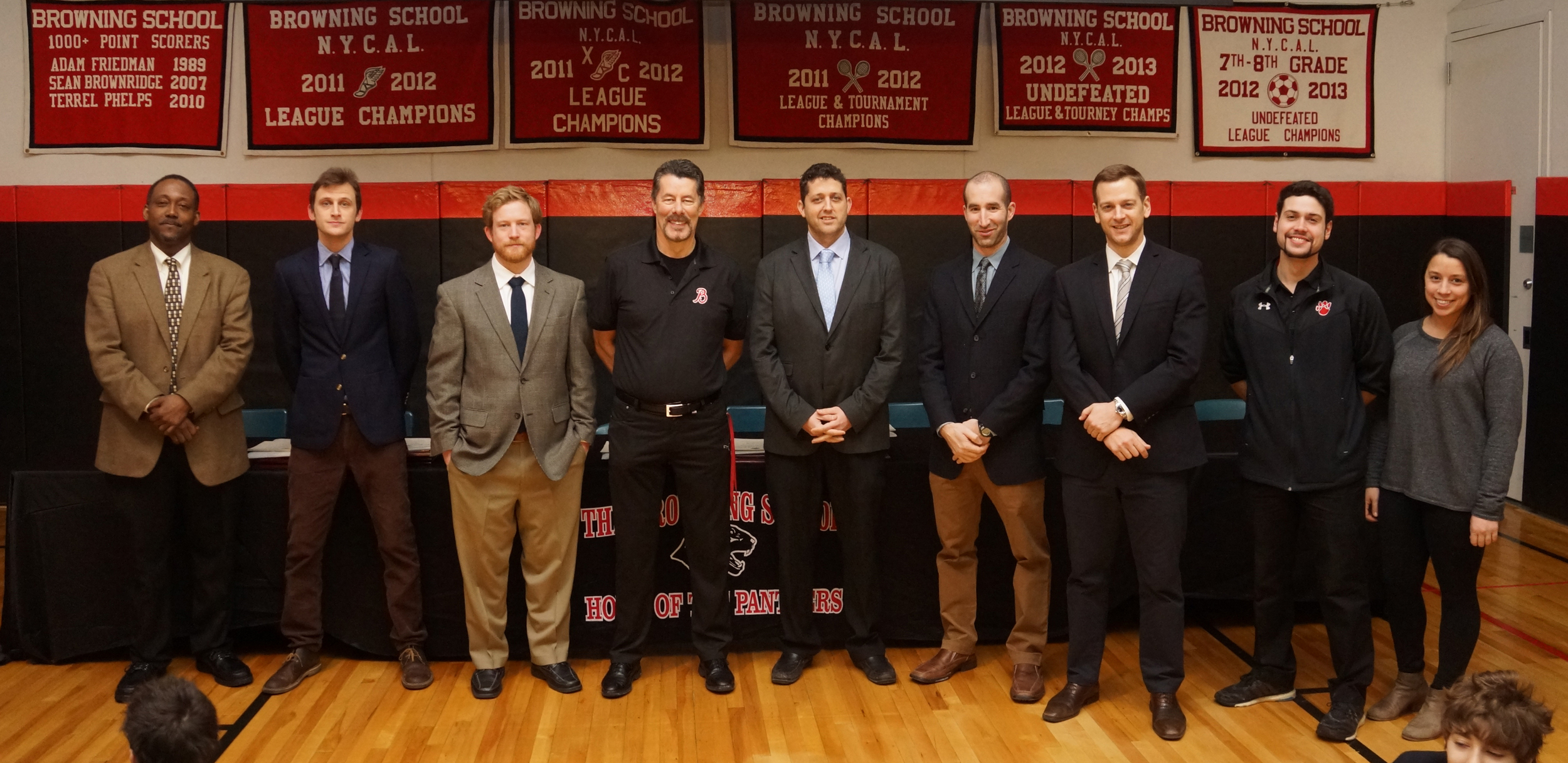  Winter basketball coaches, Glenn Walker (JV), JJ Lindenthal (JV), Matt Brown (5th Grade), David Watson (6th Grade), Andrew West '92 (Varsity), Michael Cohn (Varsity), Dan Ragsdale (7/8 Red), Andrew Wolf (7/8 Black) and Taylor McKenna (7/8 Black). 