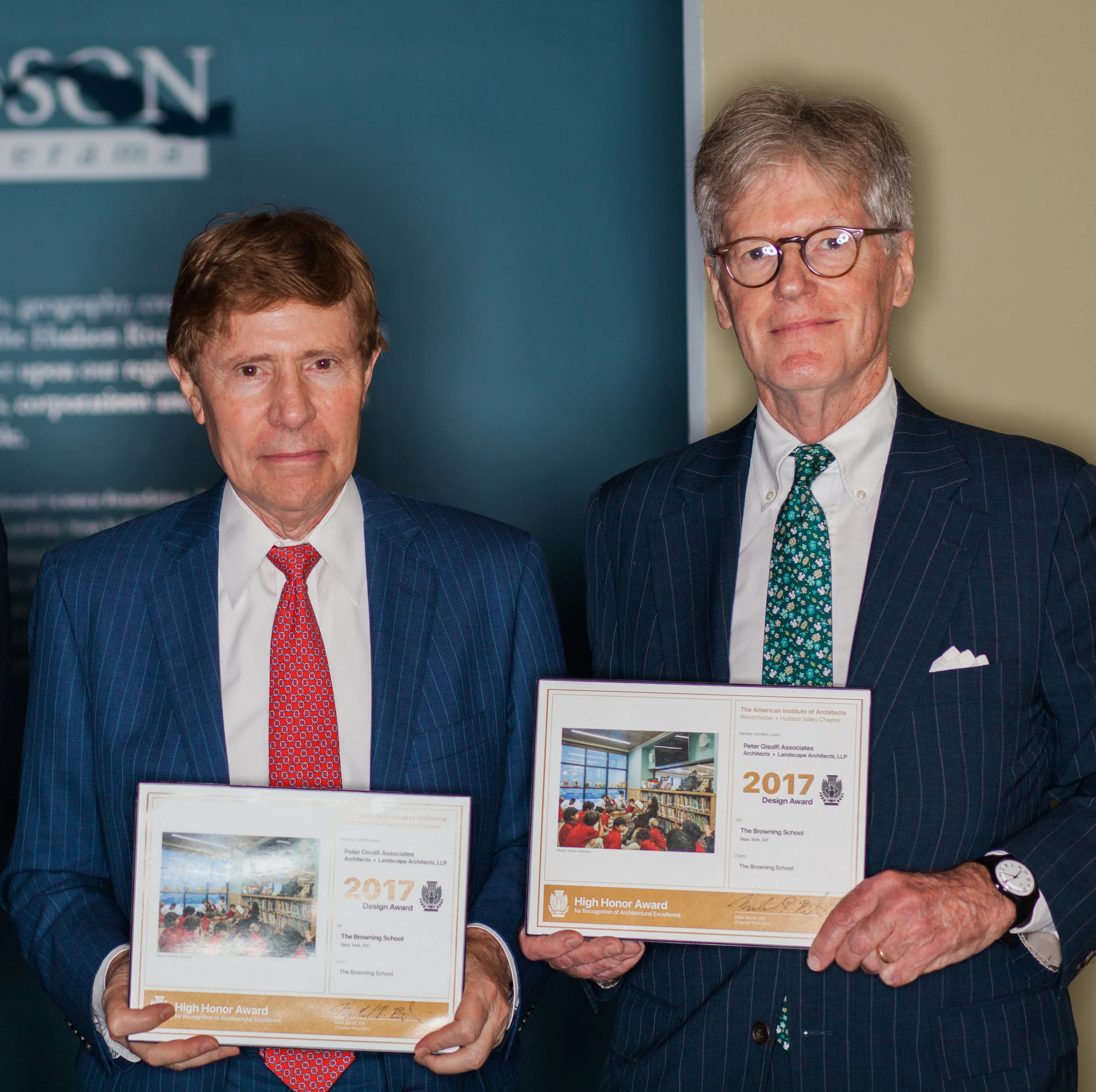 Retired Headmaster Stephen M. Clement, III, right, and Peter Gisolfi accept the 2017 High Honor Award in the Institutional Category from the American Institute for Architects Westchester-Hudson Valley.