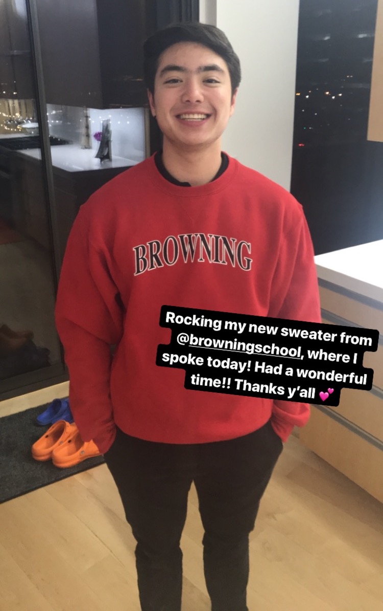 Guest speaker Schuyler Bailar posted a selfie to his Instagram wearing a Browning sweatshirt while thanking the school community. 