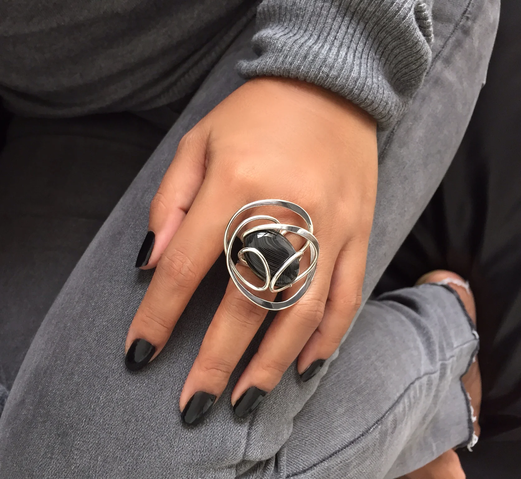 black sardonyx sterling silver ring, chloe jewelry, wire wrapped ring
