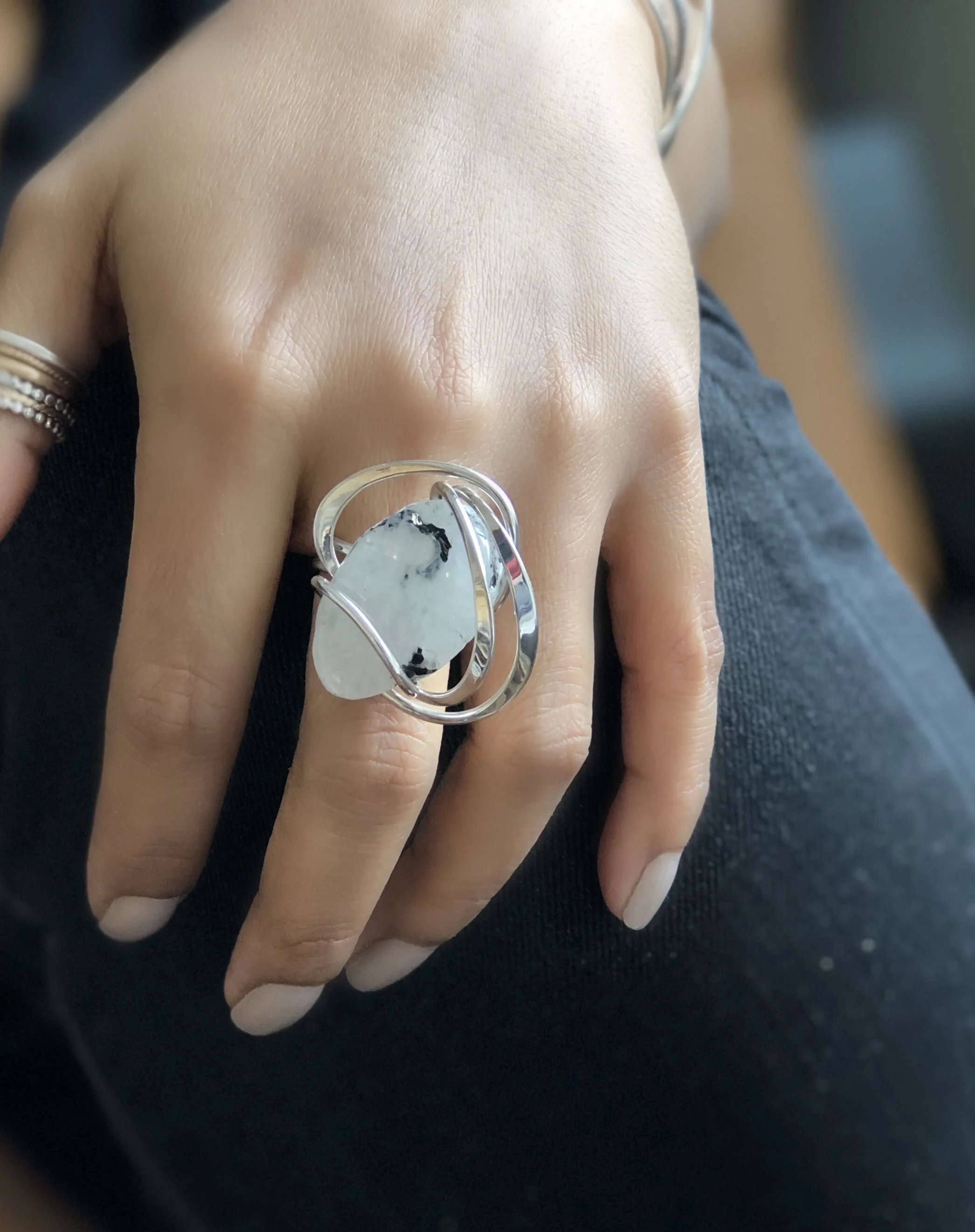 Rainbow Moonstone Sterling Silver Ring