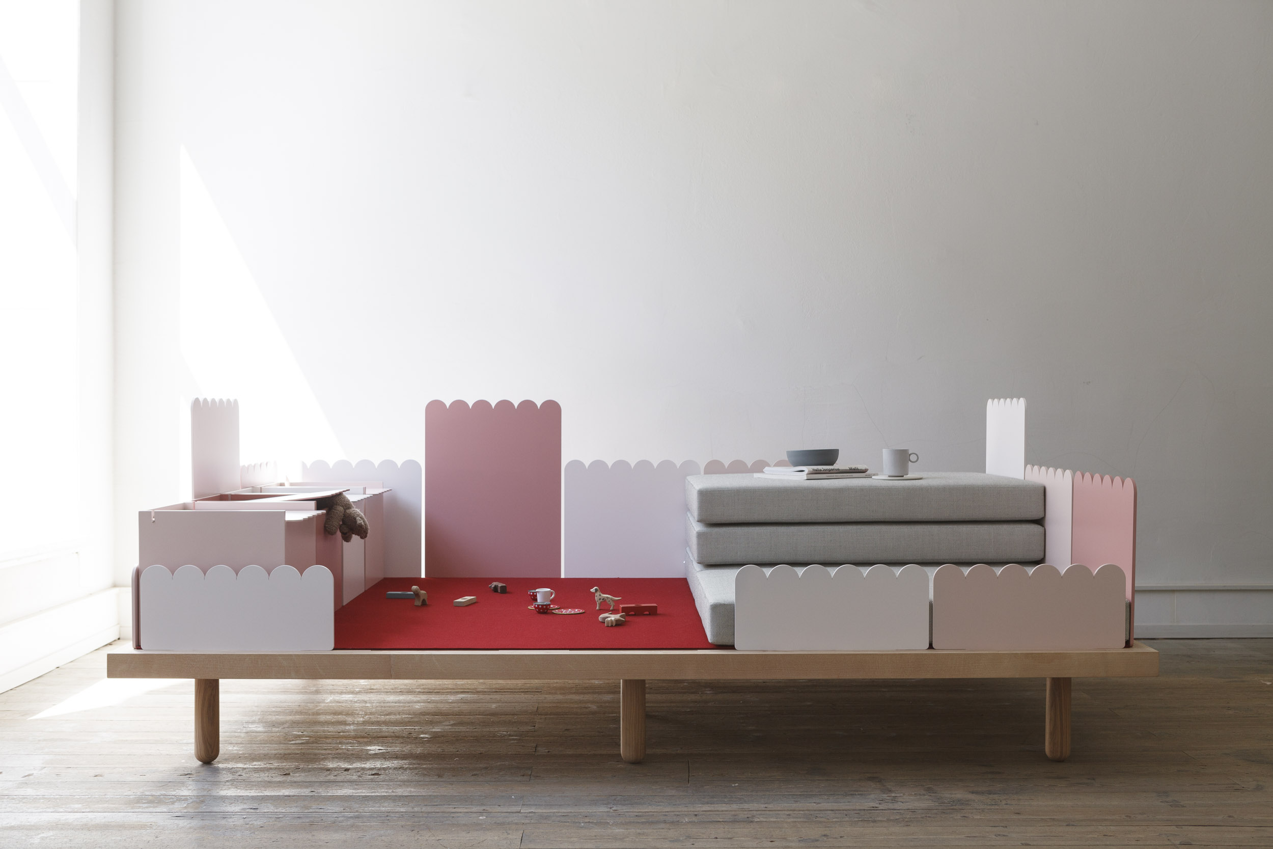  DIVANO PER LA FAMIGLIA  Multifunctional sofa for children and adults    ASH WOOD, LACQUERED ALUMINIUM, KVADRAT BASEL TEXTILE, RED MERINO WOOL FELT  245 x 150 x 30cm ( Height over all 100cm )  stackable back parts and lower legs ( 15cm ) for a babies