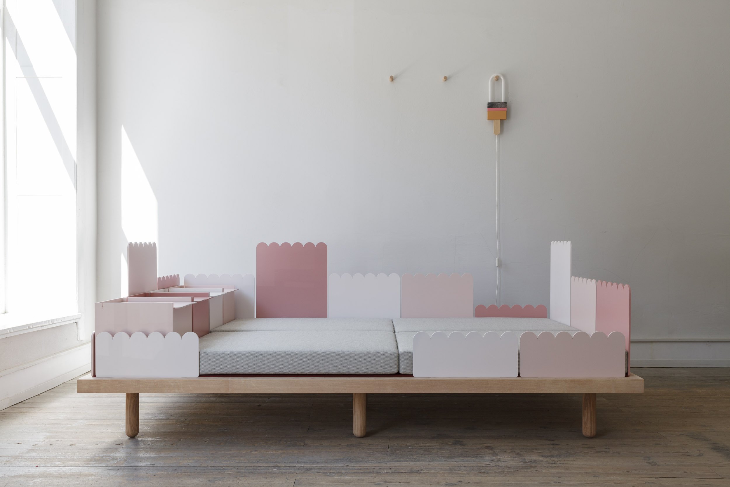  DIVANO PER LA FAMIGLIA  Multifunctional sofa for children and adults  ASH WOOD, LACQUERED ALUMINIUM, KVADRAT BASEL TEXTILE, RED MERINO WOOL FELT  245 x 150 x 30cm ( Height over all 100cm )  stackable back parts and lower legs ( 15cm ) for a babies p