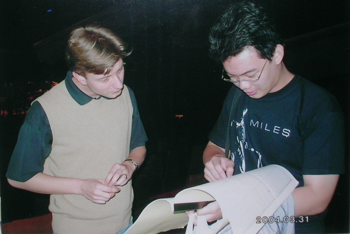 With Christian Arming, conductor during New Japan Philharmonic Orchestra rehearsal of Chromosphere of 65 musicians