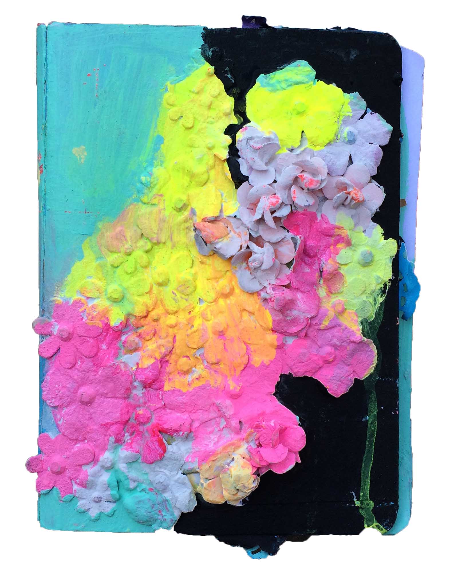 The cover was fun. I glued a bunch of fake flowers down, then gessoed over in them in a few thin layers, letting them dry in between. Then I painted that flowery surface. So gaudy, so good.