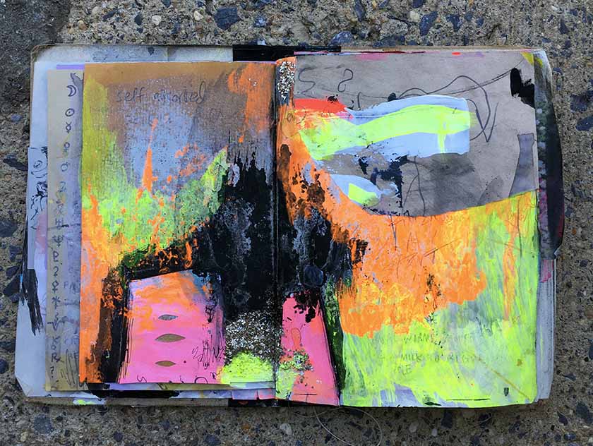 Spray paint, gouache, glitter.