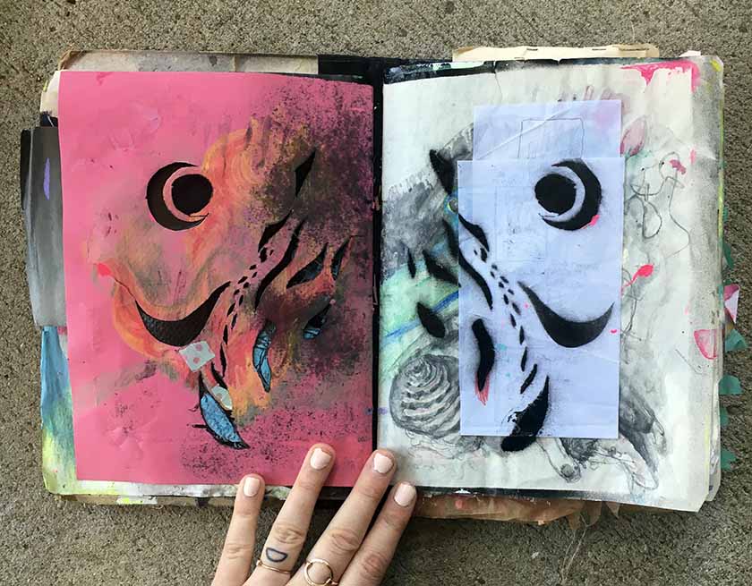 Cut-out elements done with an Xacto, then I had spray painted through with black, onto a folded page of some drawing ideas.