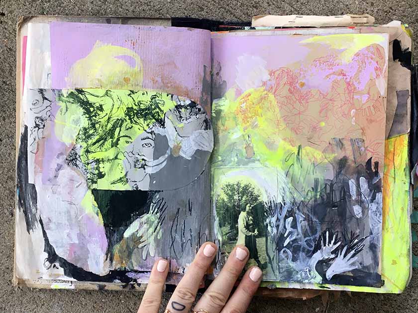 Drawings, xeroxed over each other, glued, painted, added an old photograph, over an old pen blind contour drawing.