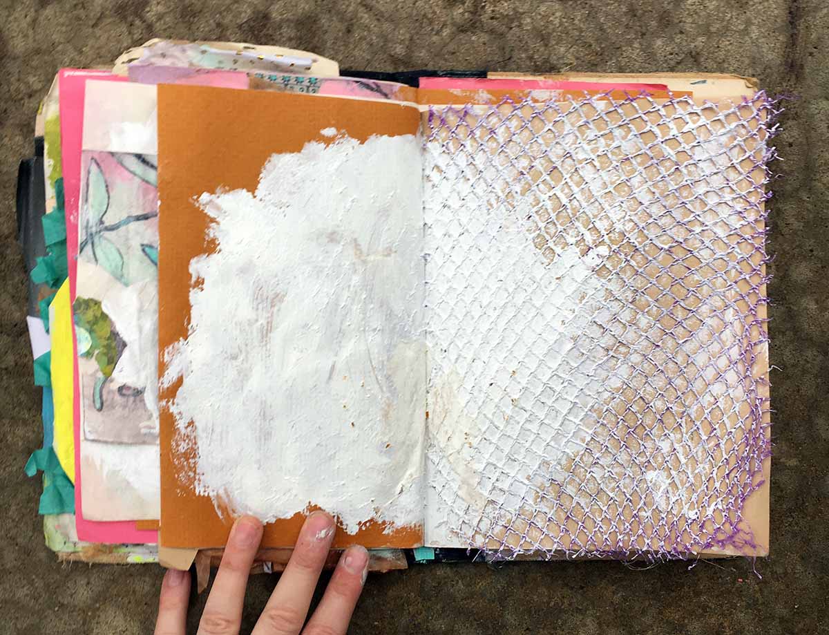 Glued an onion net down with matte medium. It took a few different layers, letting them dry in between to make it really stick. Then I painted it white once that dried.