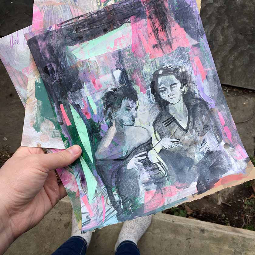 Drawing from a photograph of friends Leonor Fini and Leonora Carrington. 