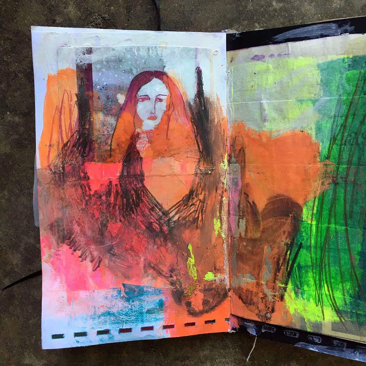 She had printed a digital picture of a drawing/painting of hers, and then I painted over it to integrate it into this page, and added some colors. I am really really obsessed with her use of the kind of sunset color background with painted white figures so I tried to add some more of that into the journal as well.