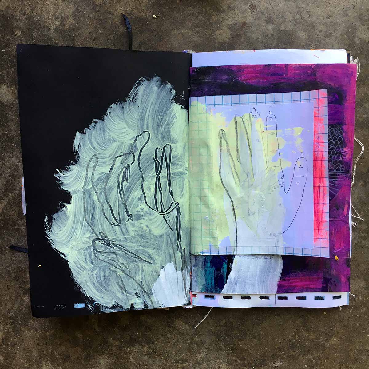 Jessica included this palm diagram, and I tried to begin a second hand on the left by drawing with a pencil into wet paint.