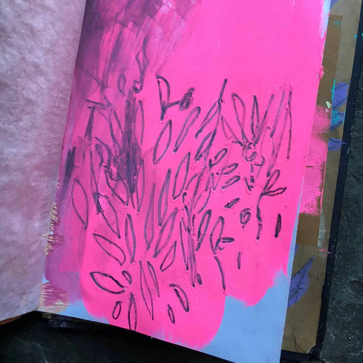 Drawing with pencil into wet gouache.