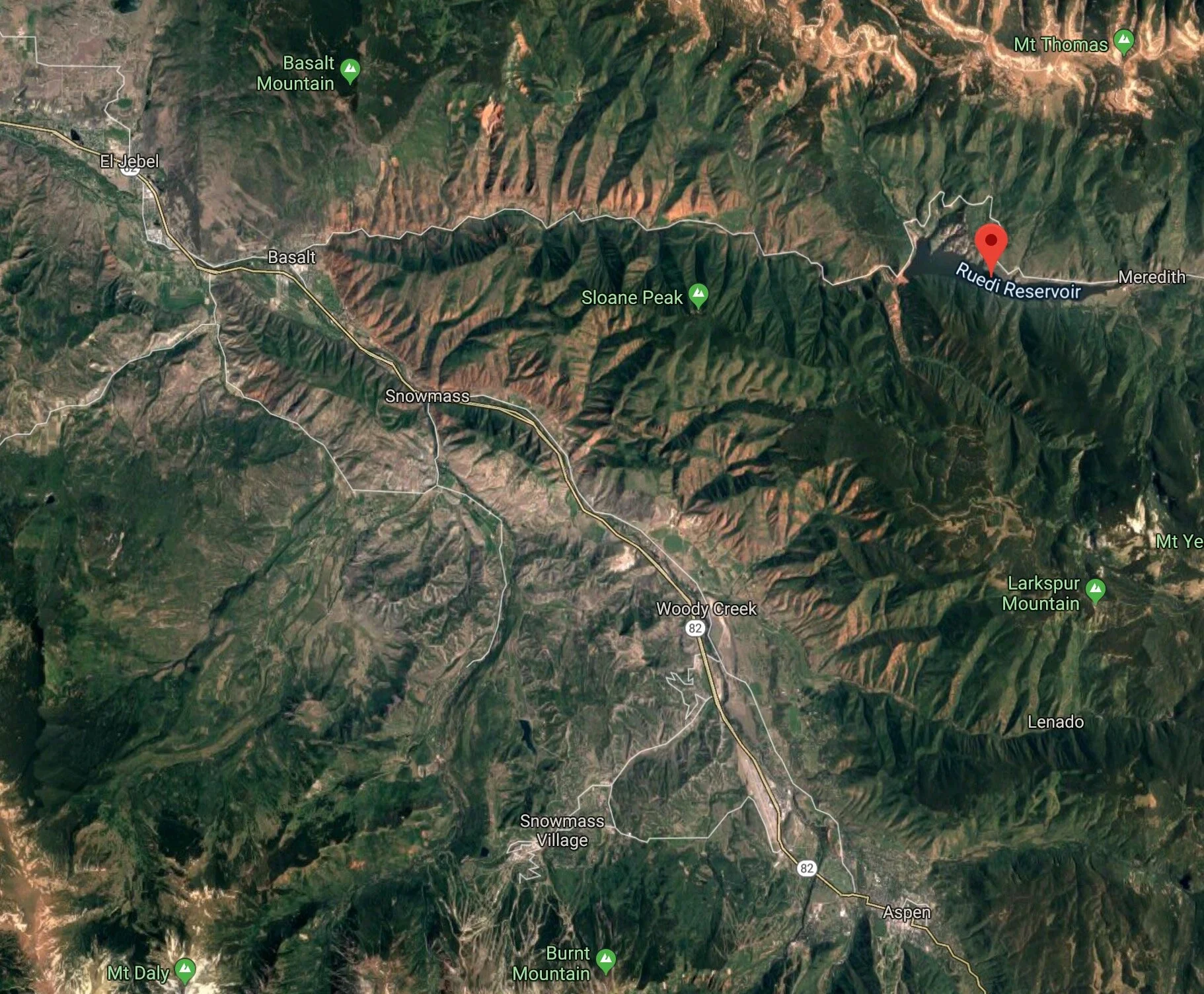 Google Maps Photo shows Ruedi Proximity to Basalt and Aspen
