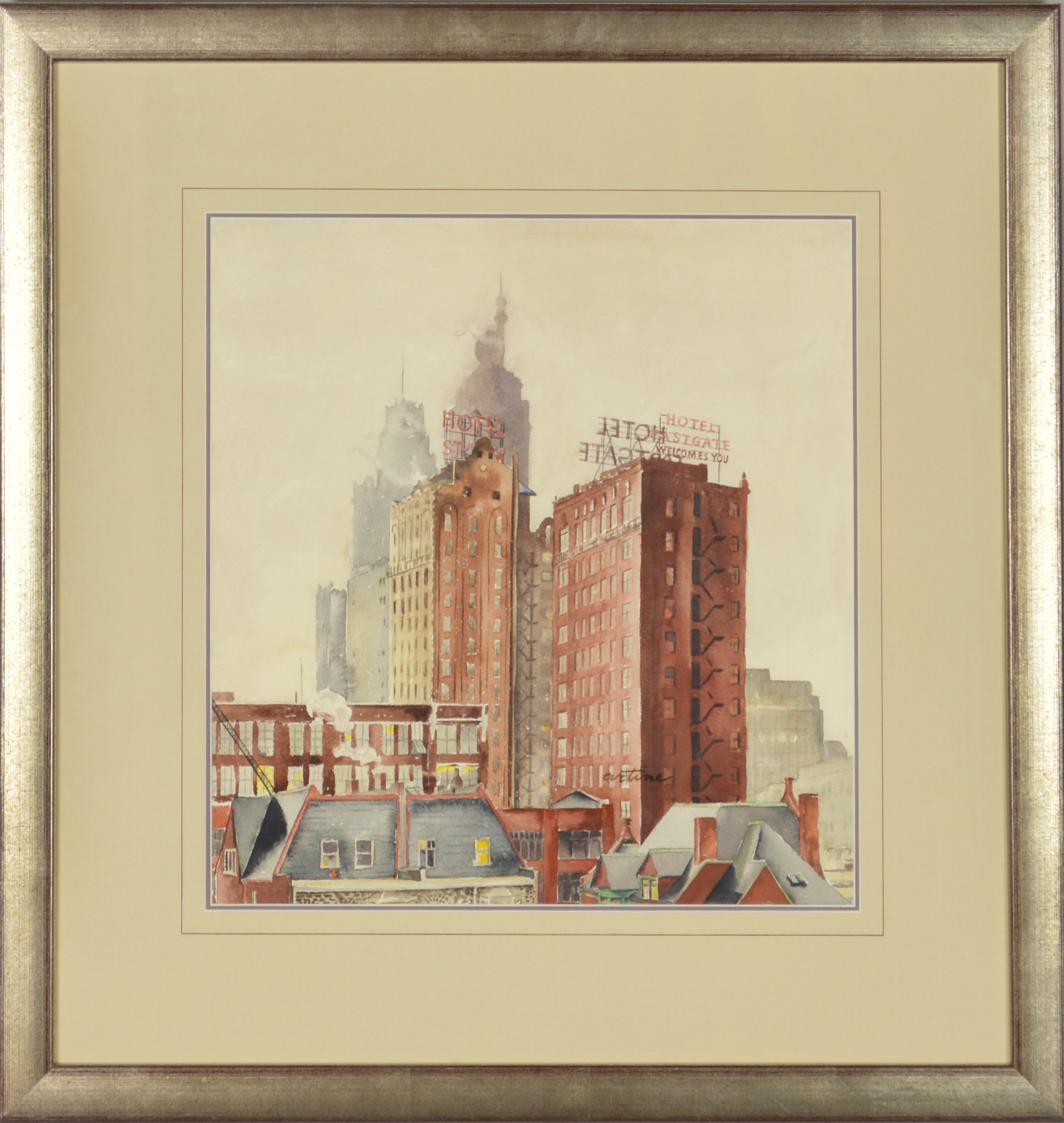  Robin Artine Smith,  Eastgate Hotel, Chicago , c. 1945, watercolor on paper, 15 x 14 1/4 in. 