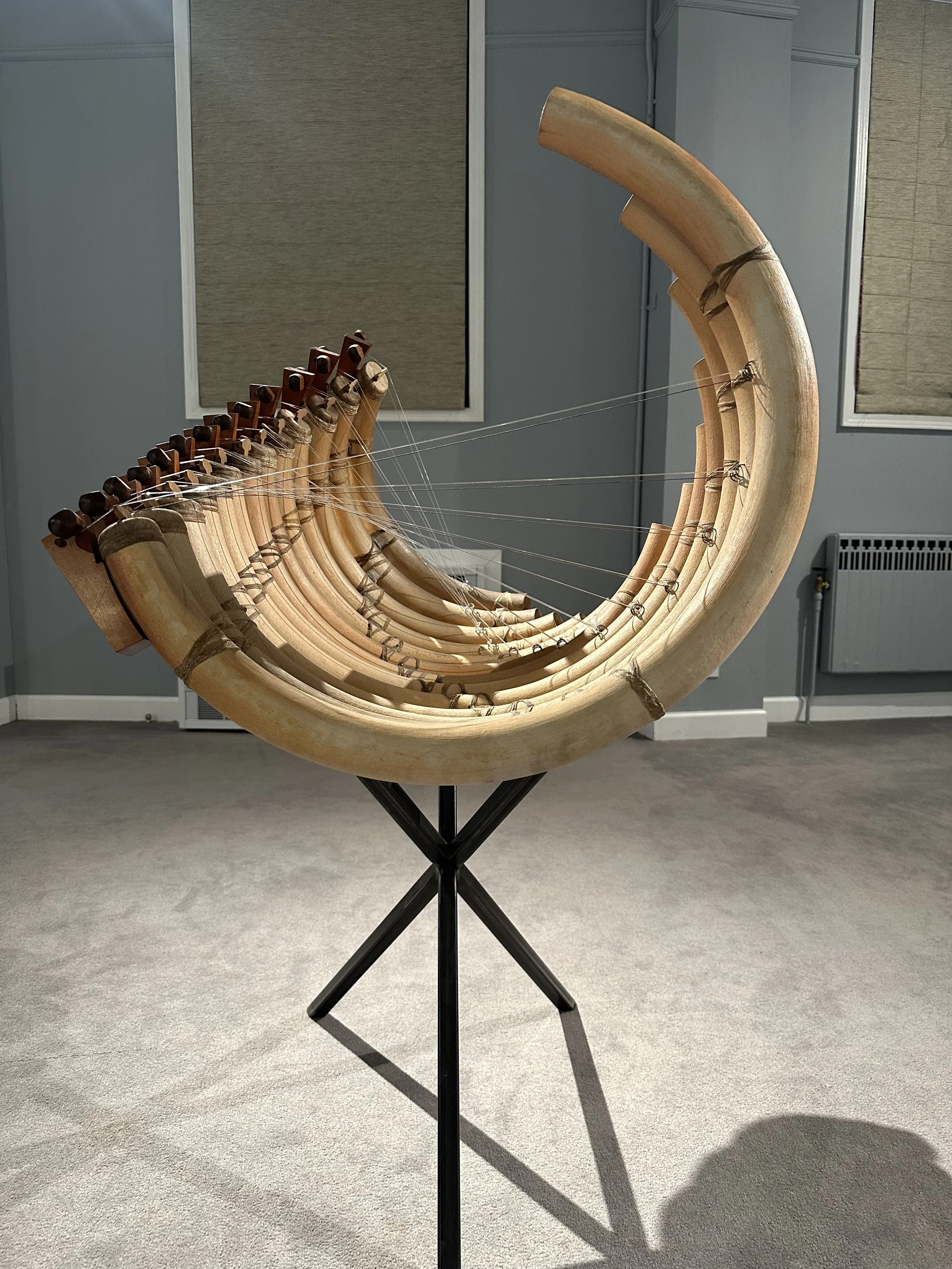 Zach Balousek Helix , 2014 wood fired porcelain, cherry, walnut, goatskin, gut 31 x 27 x 26 inches Inquire about this artwork here.