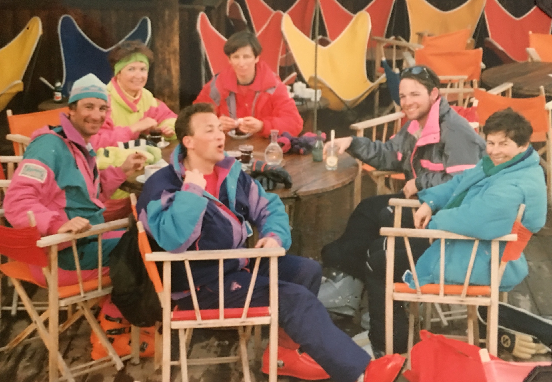 Stopping for coffee with my group. That's me on the Right in the gray and pink Euro ski jacket, our guide on the left. French ski fashion in 1990