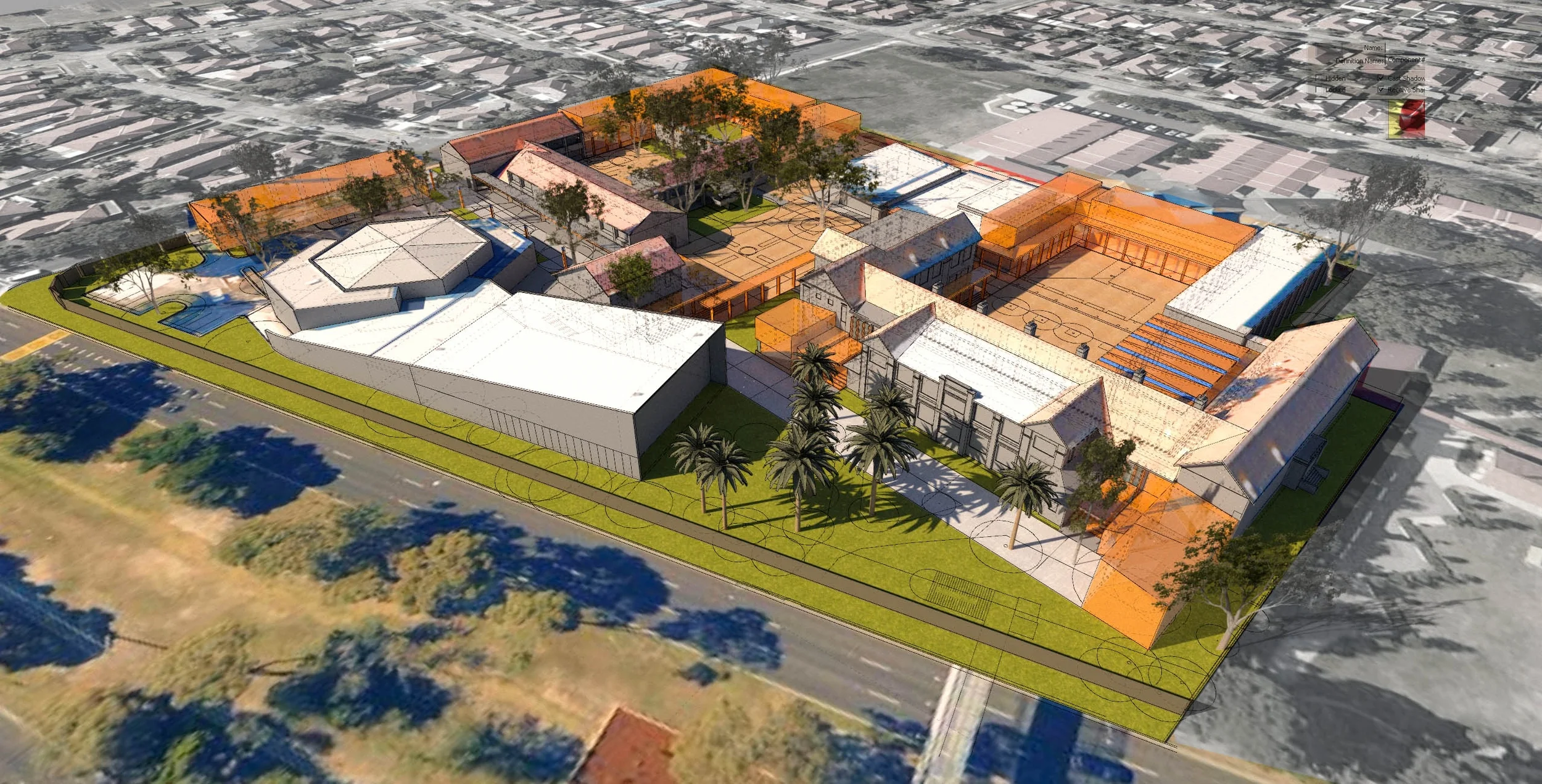  A vision for the future, aerial view from the south west over Anzac Parade with the&nbsp;proposed new buildings shown in orange 