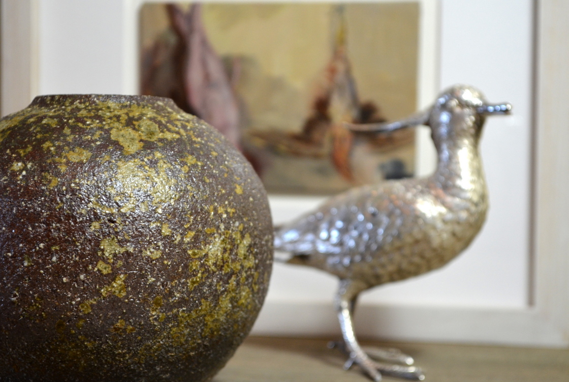 Vintage Japanese Bizen Vase & Antique Sterling Silver Bird