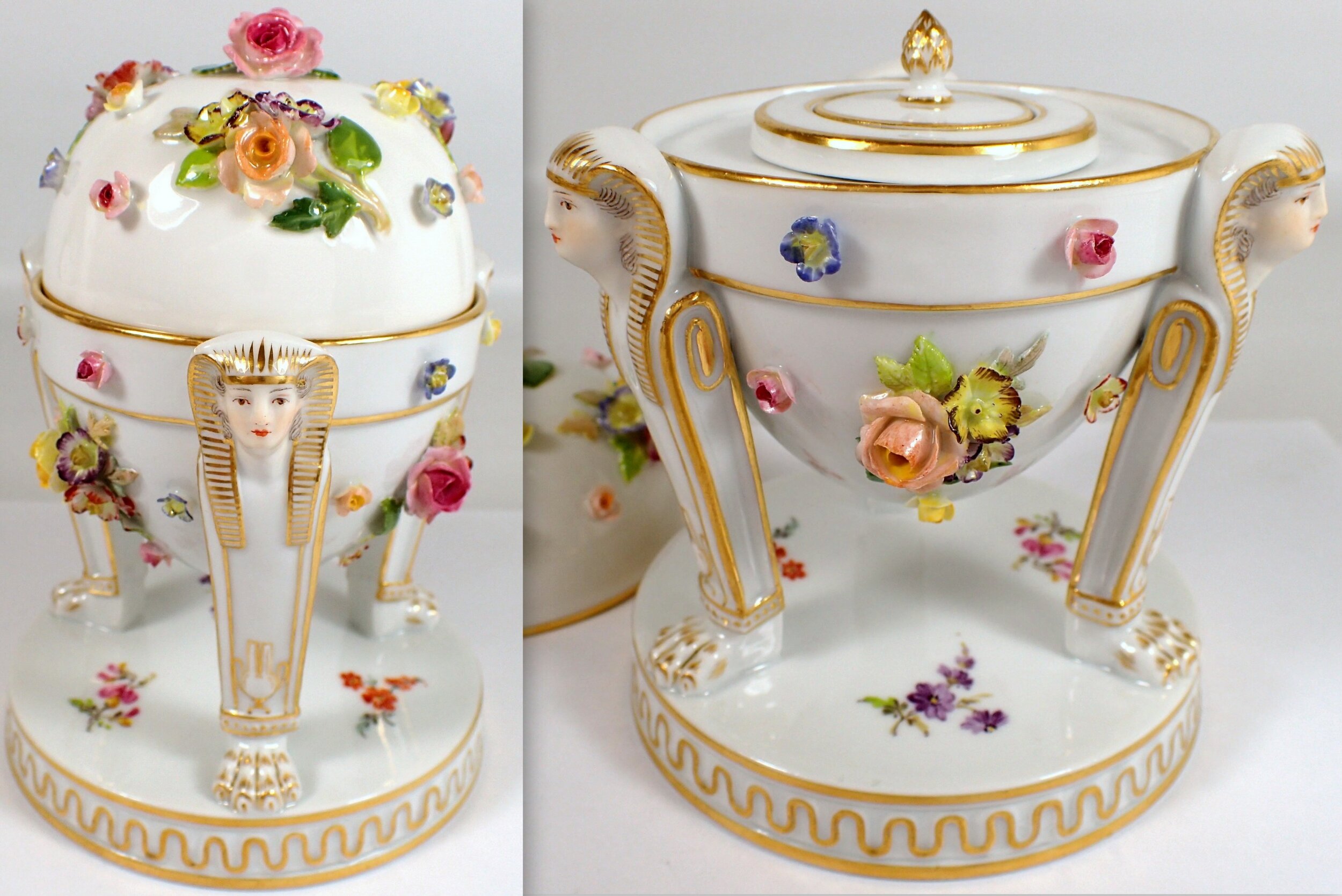 Antique Meissen Porcelain Inkwell Egg Form Egyptian & Flower Motif