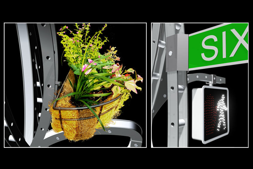 Add-ons such as traffic/pedestrian signals and luminaries will be suspended from spreading branches. (Note that some of the branches stay as is for the future add-ons.)