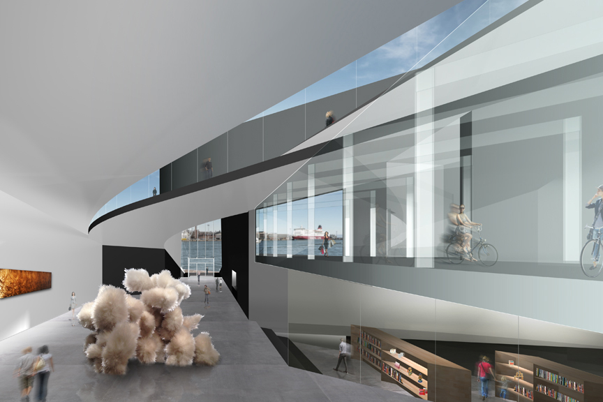 By unfolding Wright’s rotunda and interweaving a city's pedestrian promenade through the exhibit space, this proposal honors an ideological background of social democracy in Finland.