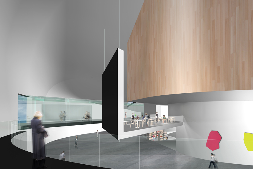 The link of the city through the promenade, in conjunction with a suspended dining area within the gallery, creates a theatrical backdrop.
