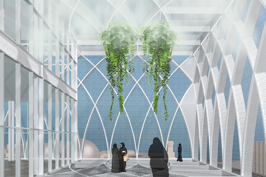 Evaporative mist cooling system is equipped between the inner (clear glass) and outer (metal mesh) facades, allowing cooler breeze to the outdoor area and library space. Hanging vegetation is introduced for further shading and for visual aesthetics.