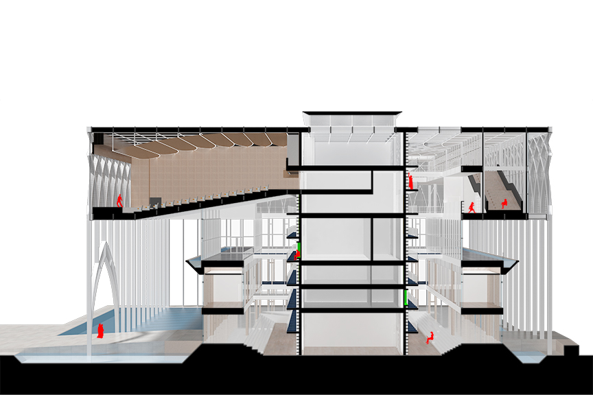 The book stack which serves as a building core consists of restrooms, stairs, elevators, storages, shafts, and an AC room on top. It connects a renovated existing library and a new structure above.
